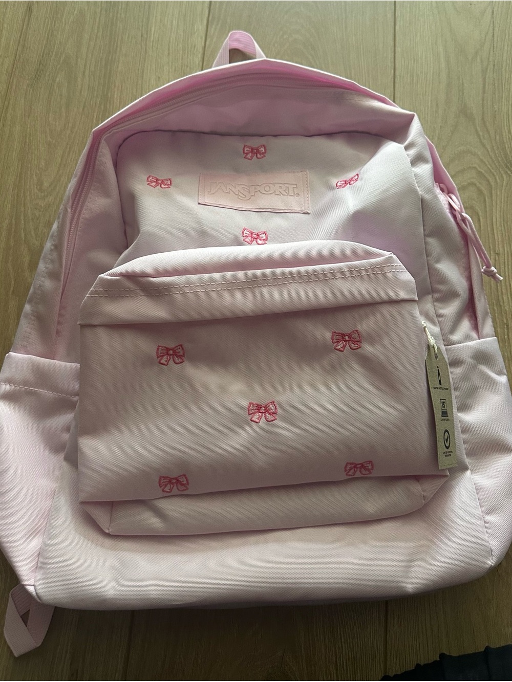 Jansport Light Pink Backpack with Embroidered Pink Bows - Picture 1 of 2